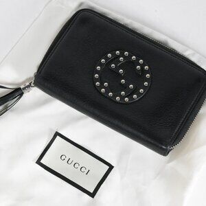 Gucci Soho Black Leather Studded Zip Wallet with Logo Detail